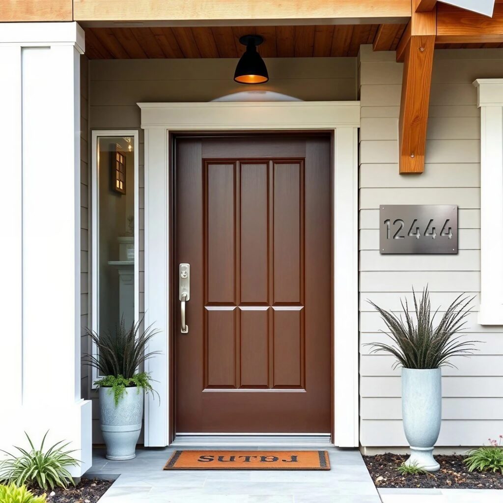 address sign-8 4-26-26 Brown front door with a house number sign, potted plants, and a welcome mat.