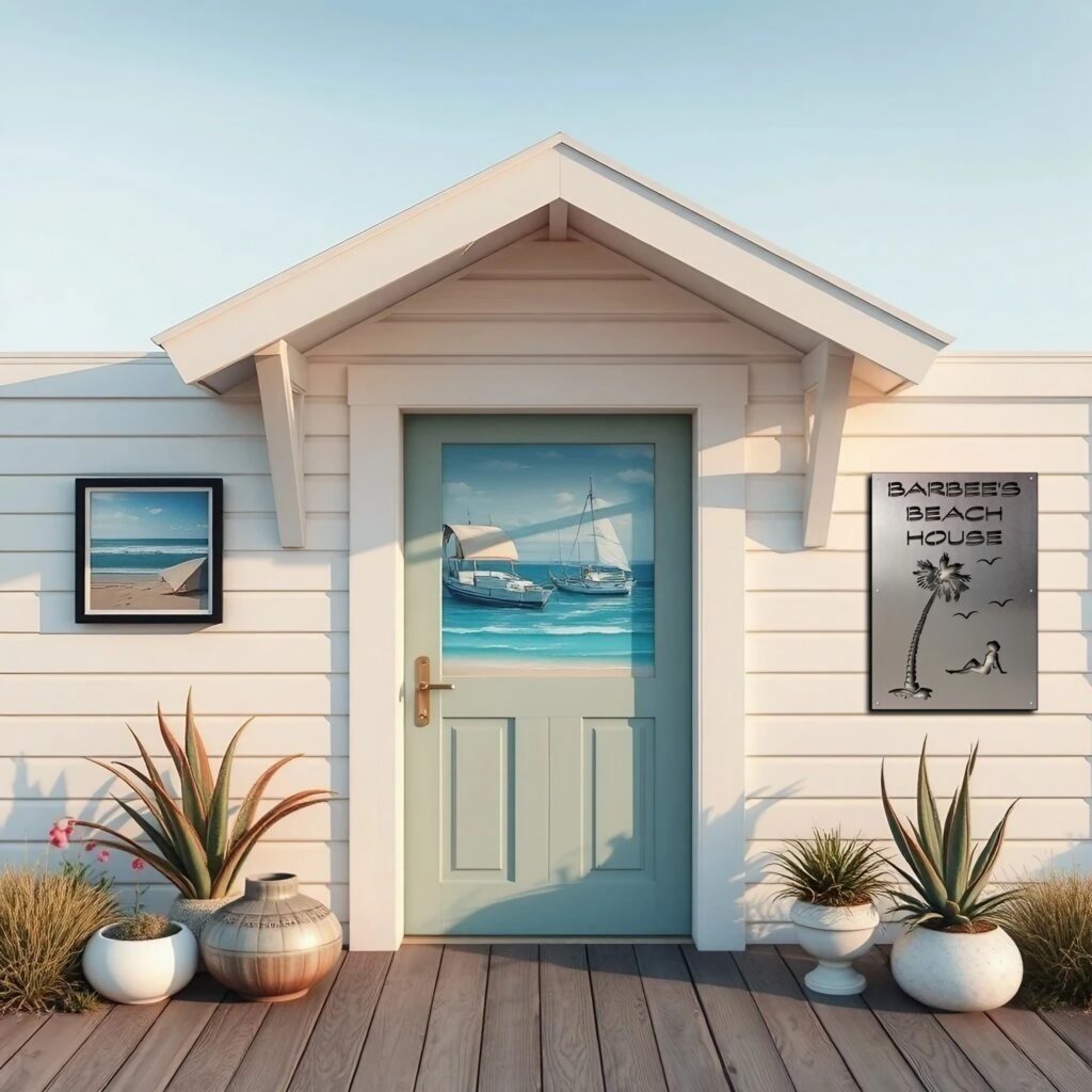 beach house-1 4-24-26 Beach house entrance features a painted door, nautical artwork, and potted plants. Sign reads "Barbee's Beach House.