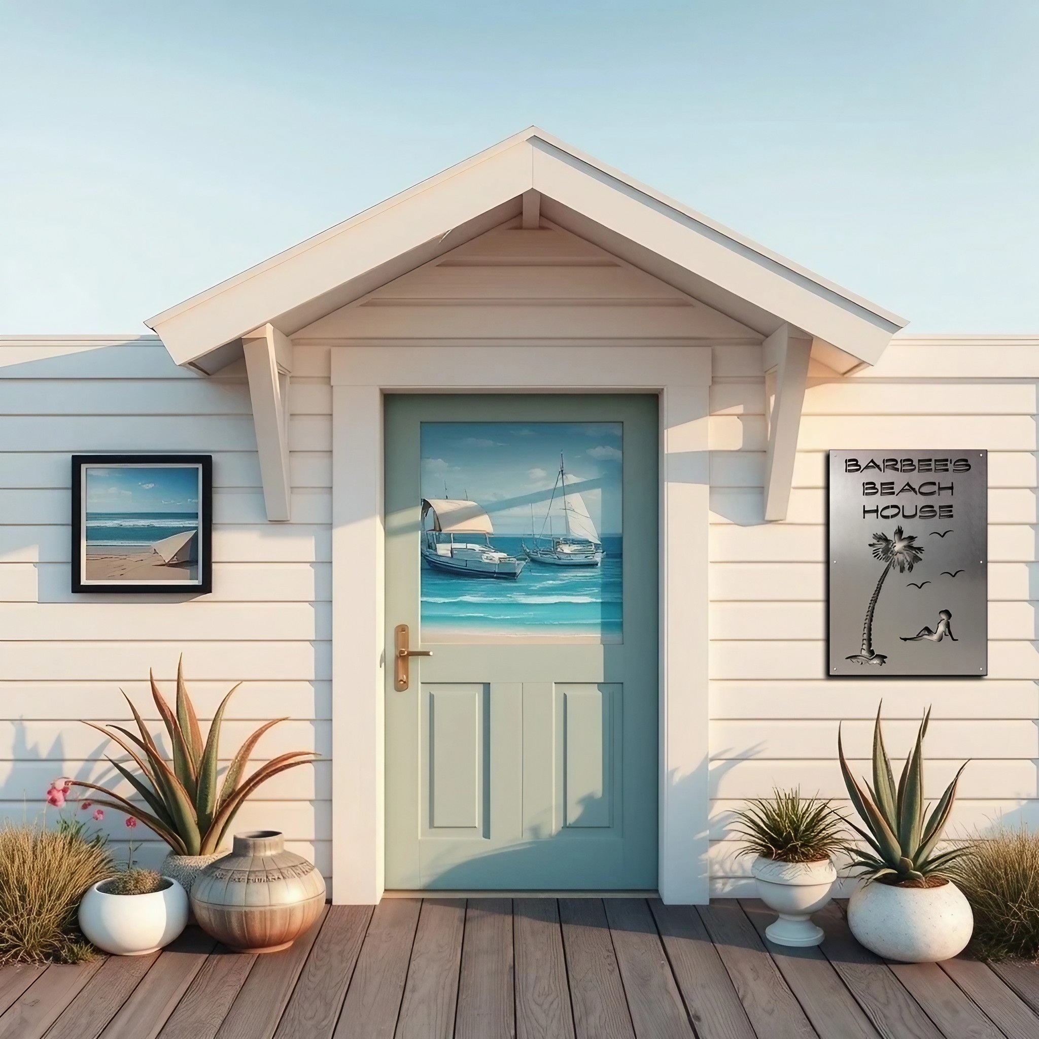 Beach house entrance features a painted door, nautical artwork, and potted plants. Sign reads "Barbee's Beach House.