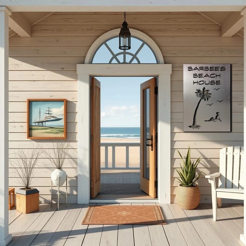 beach house-2 4-24-26 Open doors lead to a beach view, framed art, and a welcoming porch with plants and a sign for Barbee's Beach House.