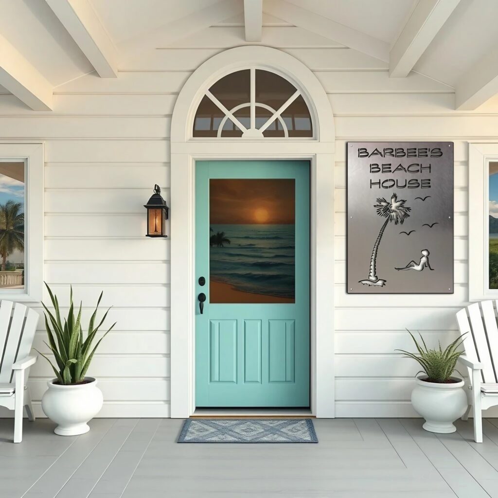 beach house-4 4-24-26 Turquoise door with sunset artwork, beach house sign, potted plants, and white chairs on porch.