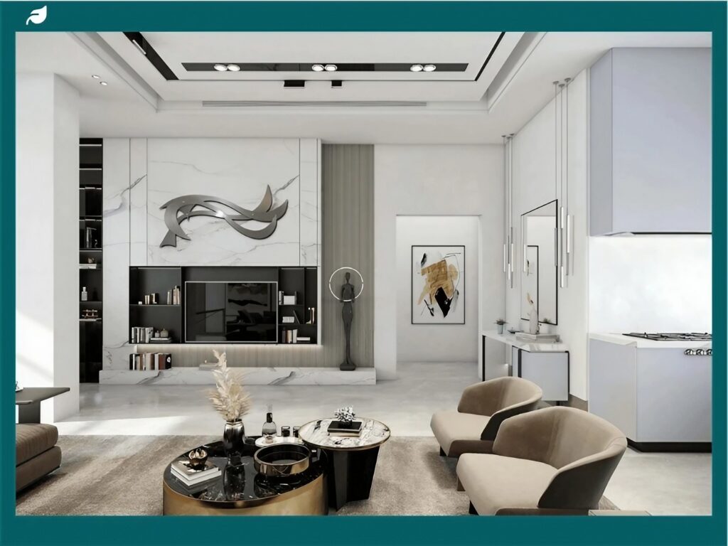 Modern living room featuring a TV unit, decorative sculpture, and stylish furniture. Light colors and elegant decor.