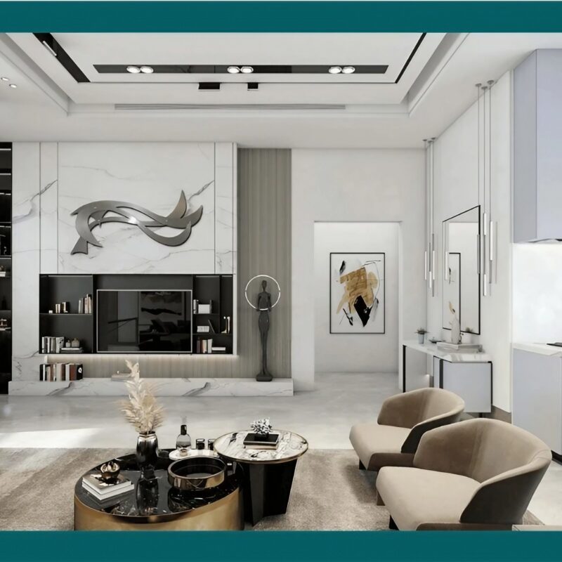 Modern living room featuring a TV unit, decorative sculpture, and stylish furniture. Light colors and elegant decor.