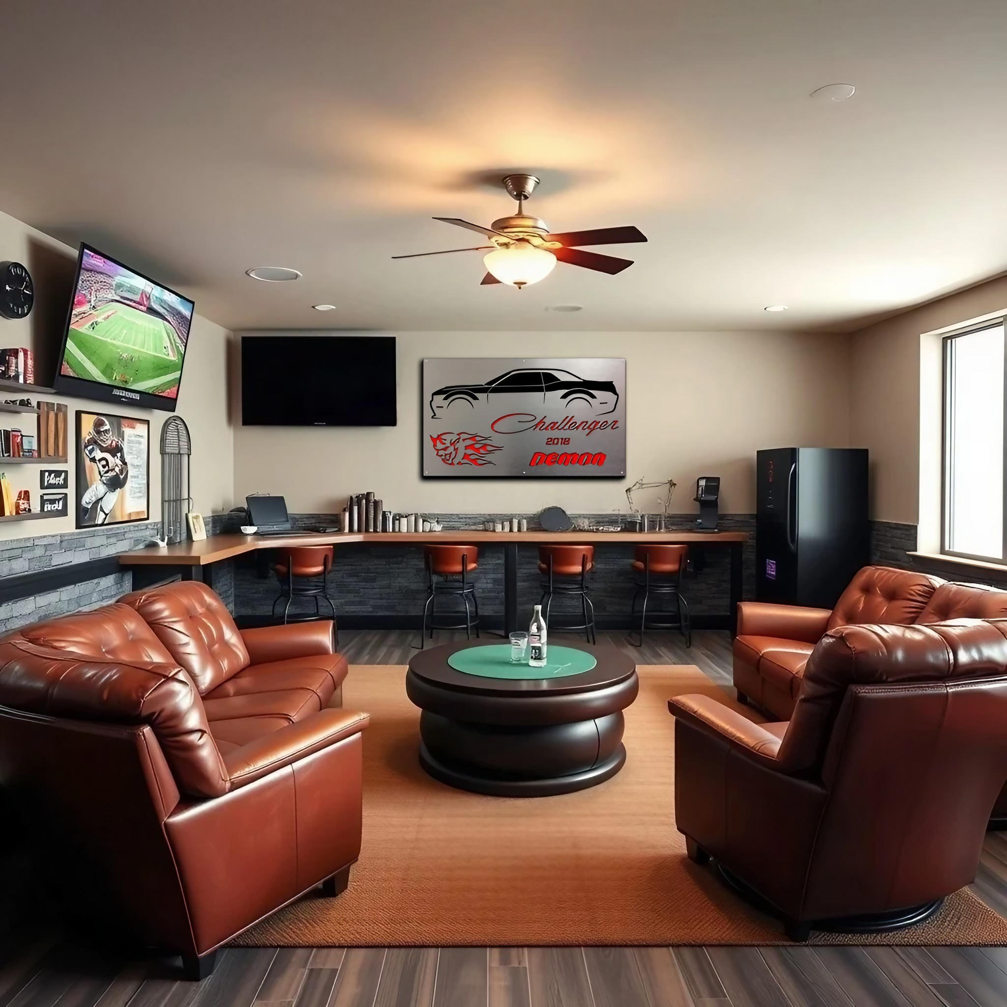 Cozy lounge with leather chairs, a bar, and sports TVs. Wall art features a car design.