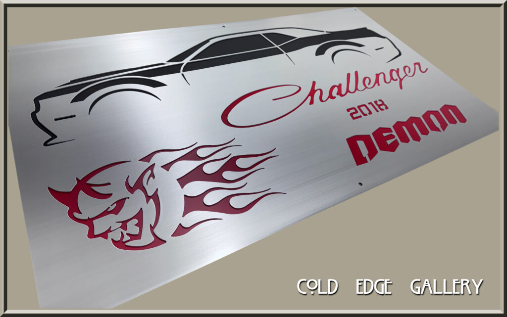 man cave-1 4-24-26 Metal sign featuring a 2018 Challenger car silhouette and "Demon" text with flame design.