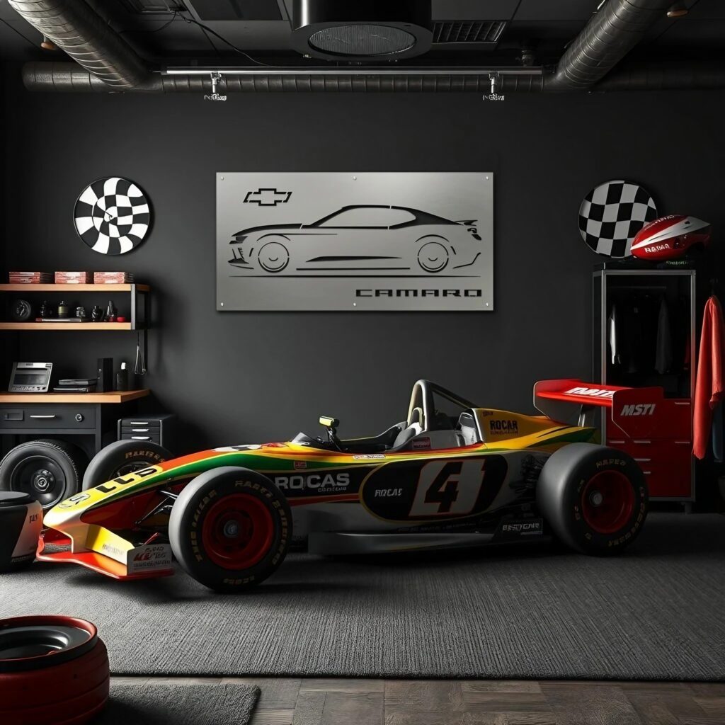 man cave-2 camaro 5-17-26 A colorful race car is parked in a stylish garage with Camaro decor and racing helmets.