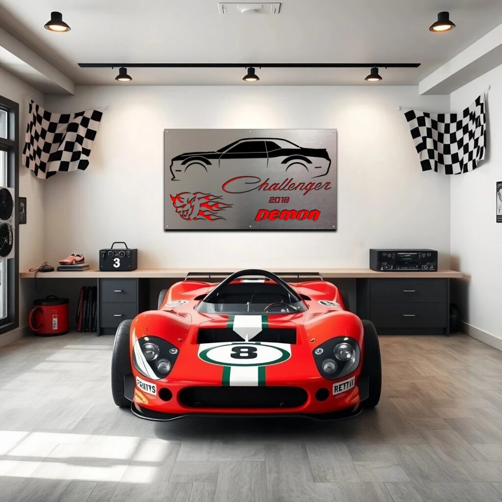 man cave-3 4-24-26 A red race car with number 8 sits in a stylish room featuring checkered flags and a car-themed wall art.