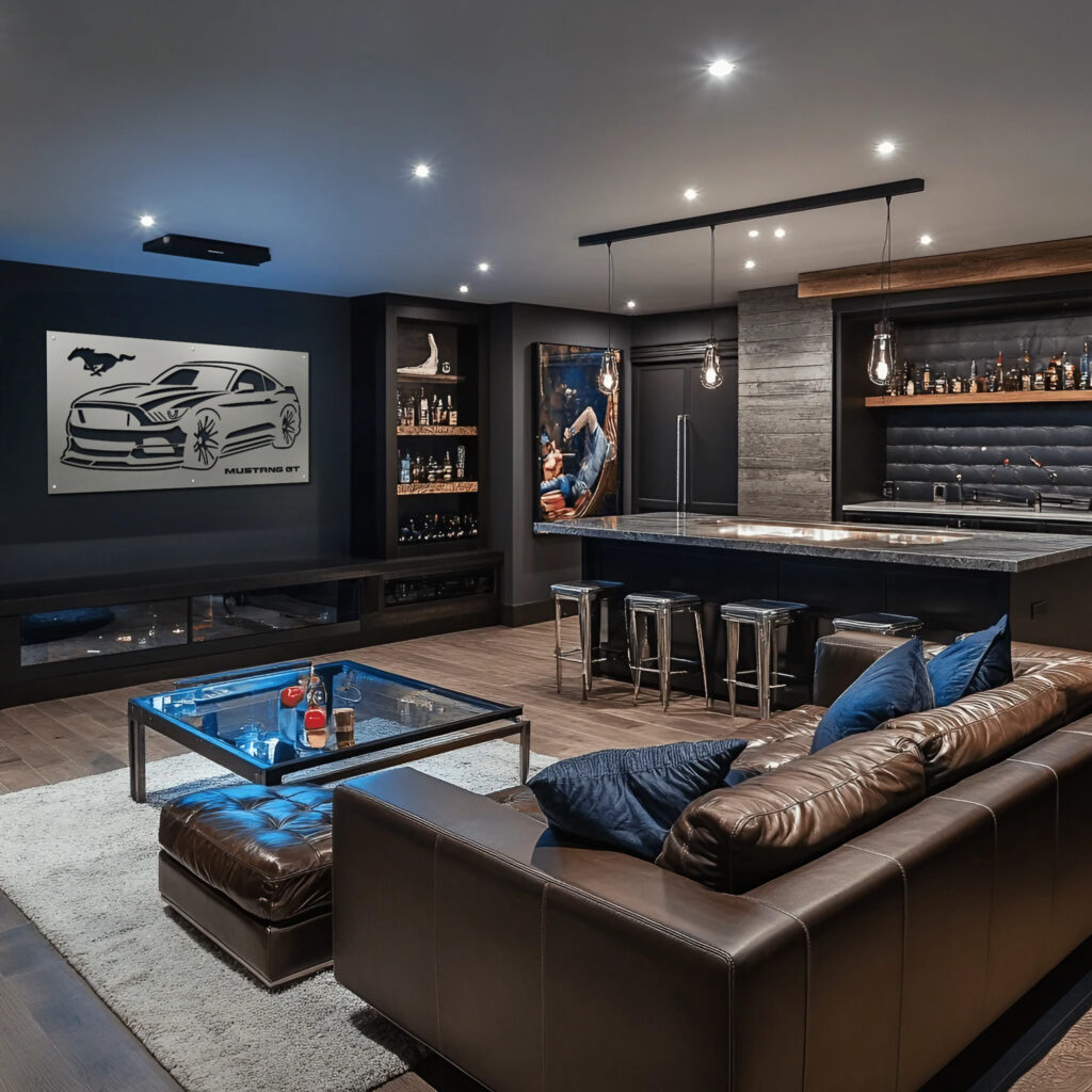 man cave-5 mustang 5-17-26 Modern man cave featuring a Mustang GT wall art, bar area, leather couch, and glass coffee table.