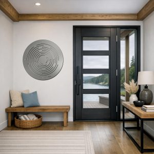 Circular metal wall art hangs beside a modern door, with a wooden bench and a table featuring decorative items.