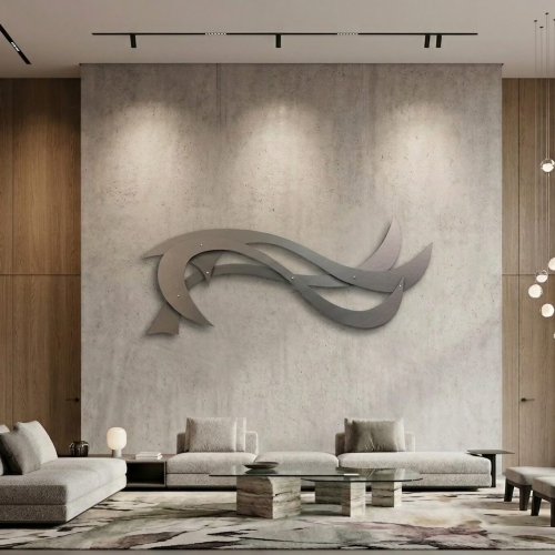 Modern living room with gray sofas, a glass coffee table, and abstract wall art. Large windows showcase a natural landscape.