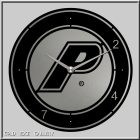 A round clock features a prominent "P" logo, with silver hands indicating the time.