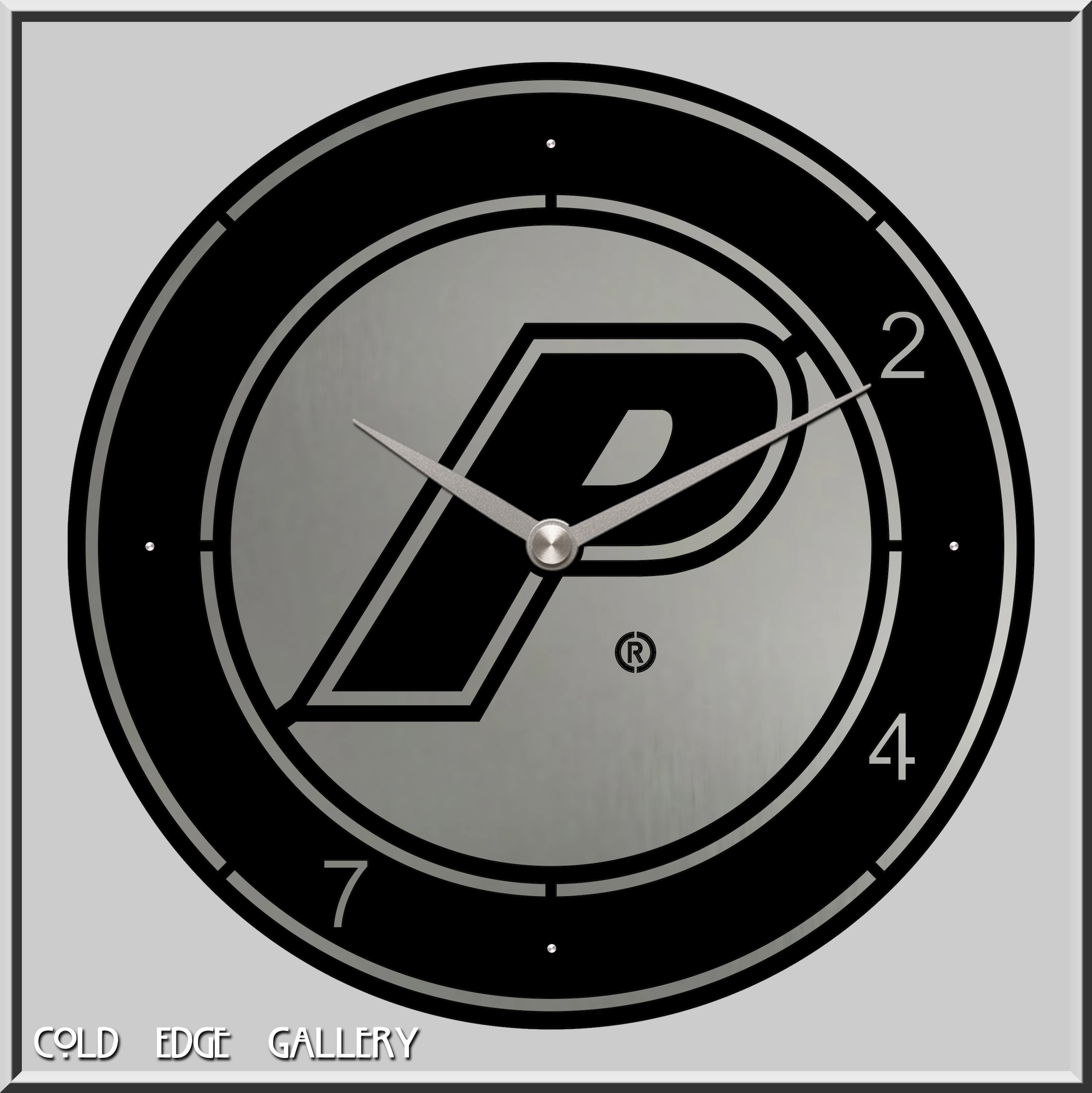 A round clock features a prominent "P" logo, with silver hands indicating the time.
