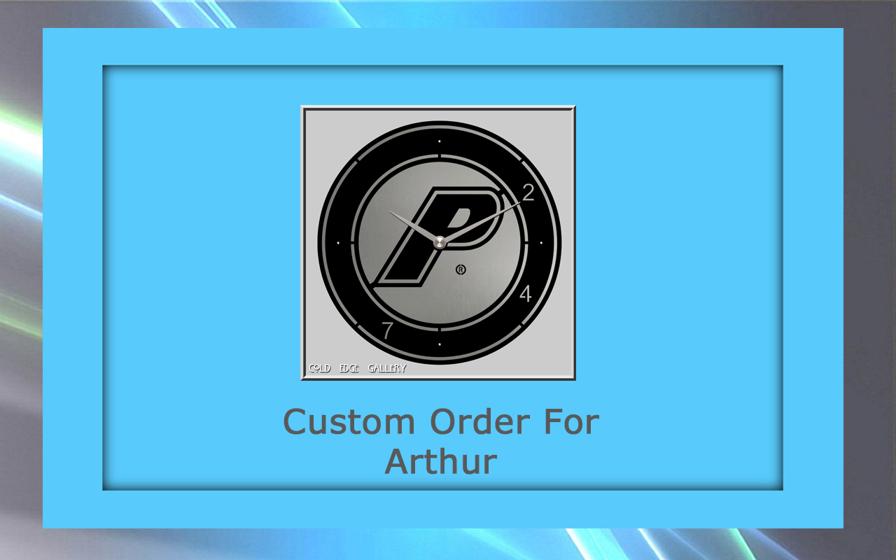 wp-b custom order for arthur 7-5-26 Custom order for Arthur featuring a clock design with a prominent "P" logo.