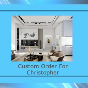 Modern living room with beige chairs, decorative table, and abstract wall art. Custom order for Christopher displayed.