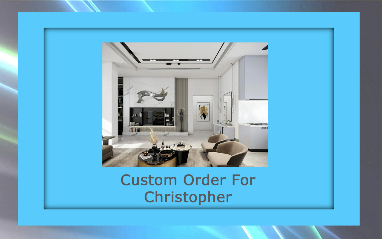 wp-b custom order for christopher 9-10-26 Modern living room with beige chairs, decorative table, and abstract wall art. Custom order for Christopher displayed.