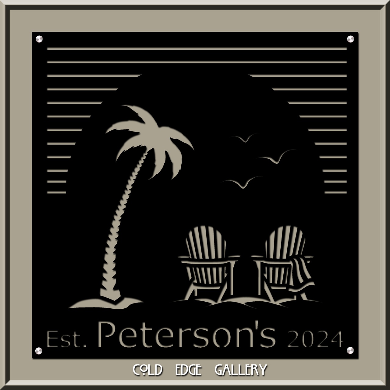 A palm tree and two chairs under a sunset, with birds flying above. "Est. Peterson's 2024" displayed.