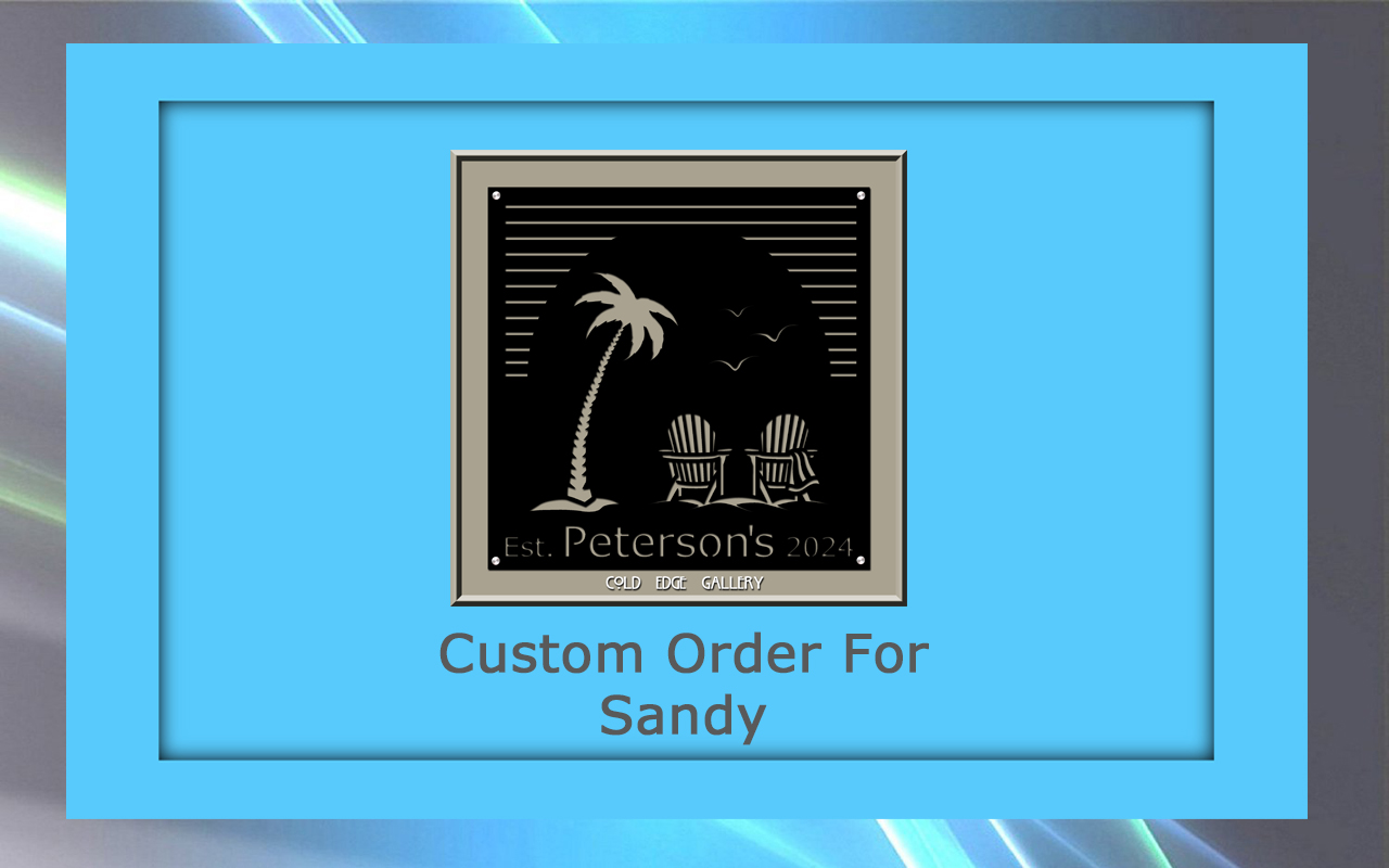 wp-b custom order for sandy 10-11-26 Custom order plaque for Sandy featuring palm tree and two chairs, labeled "Est. Peterson's 2024.